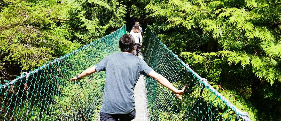 Kids hiking on suspension bridges