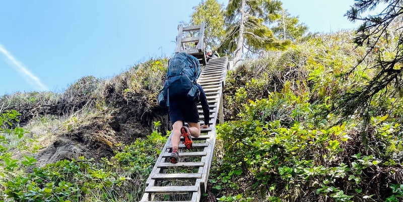 climbing up to a vantage point while hiking